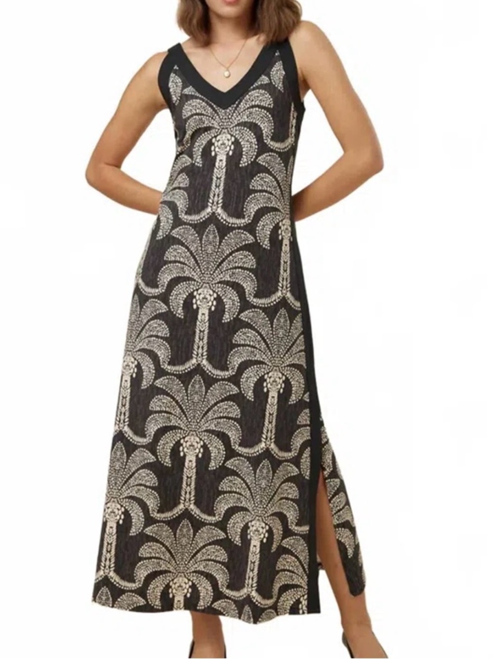 Spalding Black Maxi Dress with Cream Palm-Print